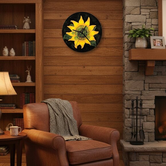 Artisan Other - Hand Crafted Painted Sunflower Wall Clock - Black and Yellow Faith Home Decor